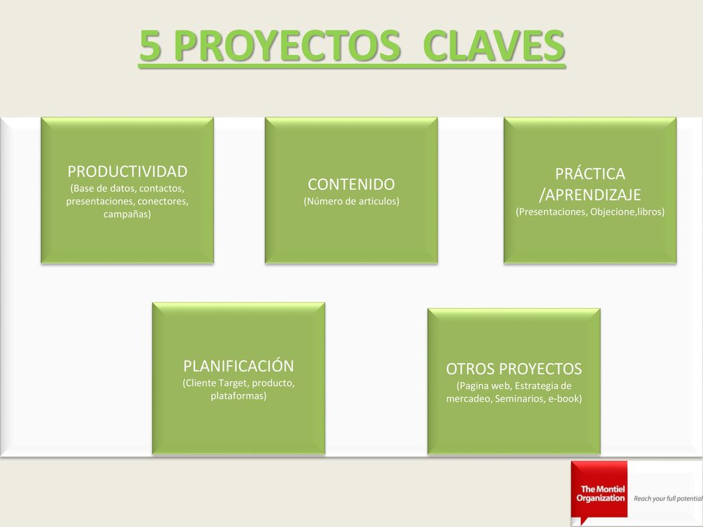 5 PROYECTOS CLAVES PRODUCTIVIDAD. (Base de datos, contactos, presentaciones, conectores, campañas)