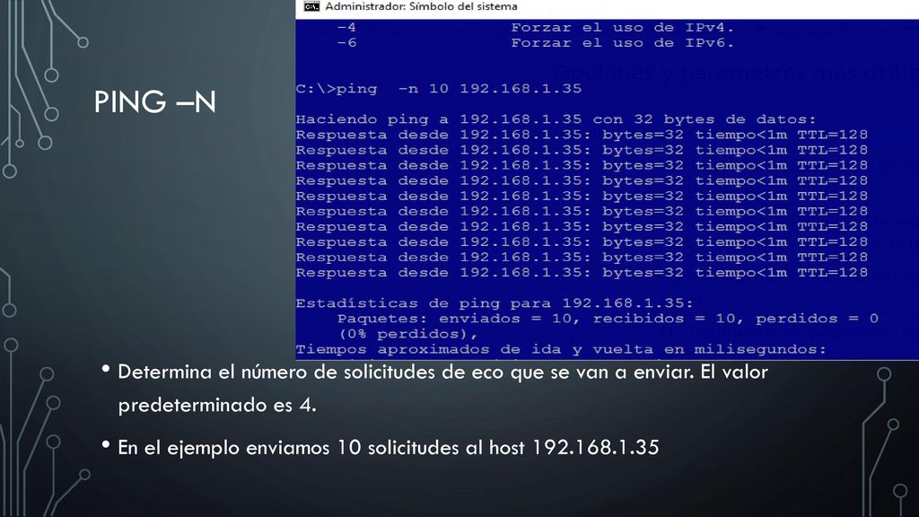 Ping –n Determina el número de solicitudes de eco que se van a enviar. El valor predeterminado es 4.
