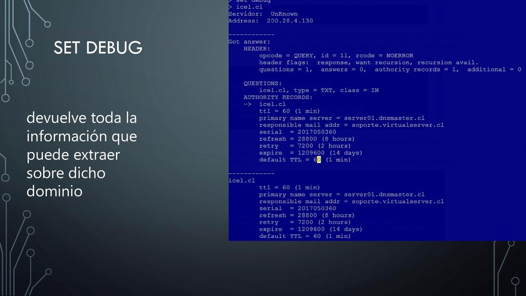 Set debug devuelve toda la información que puede extraer sobre dicho dominio