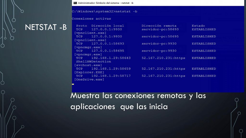 Netstat -b Muestra las conexiones remotas y las aplicaciones que las inicia