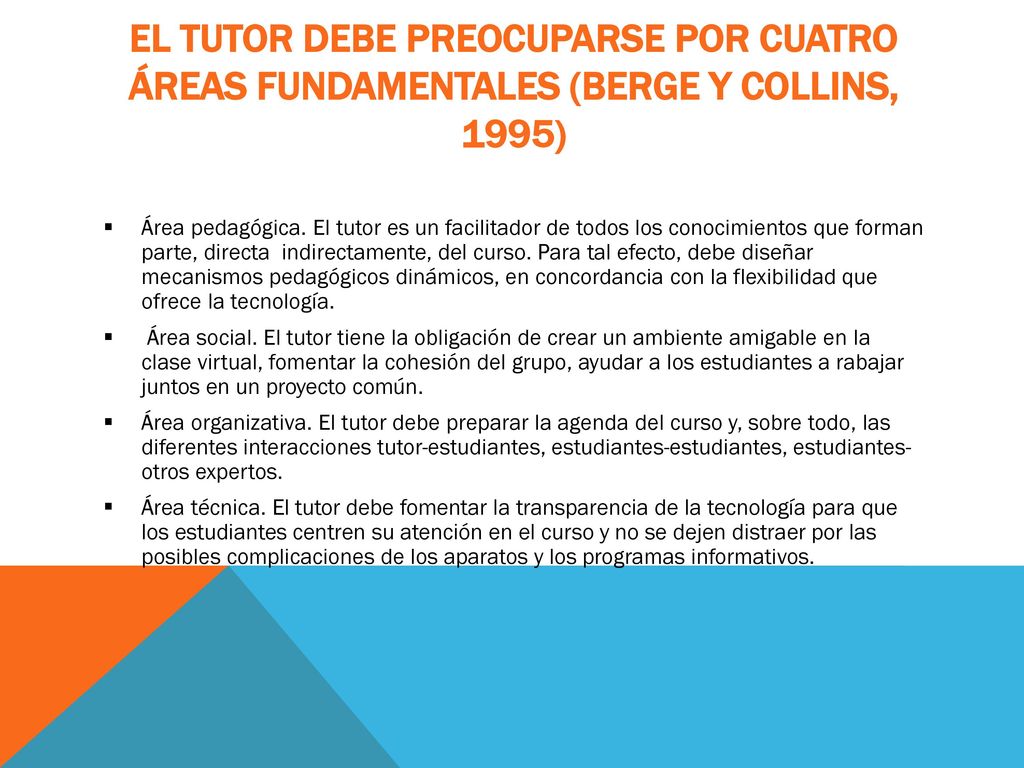 el tutor debe preocuparse por cuatro áreas fundamentales (Berge y Collins, 1995)