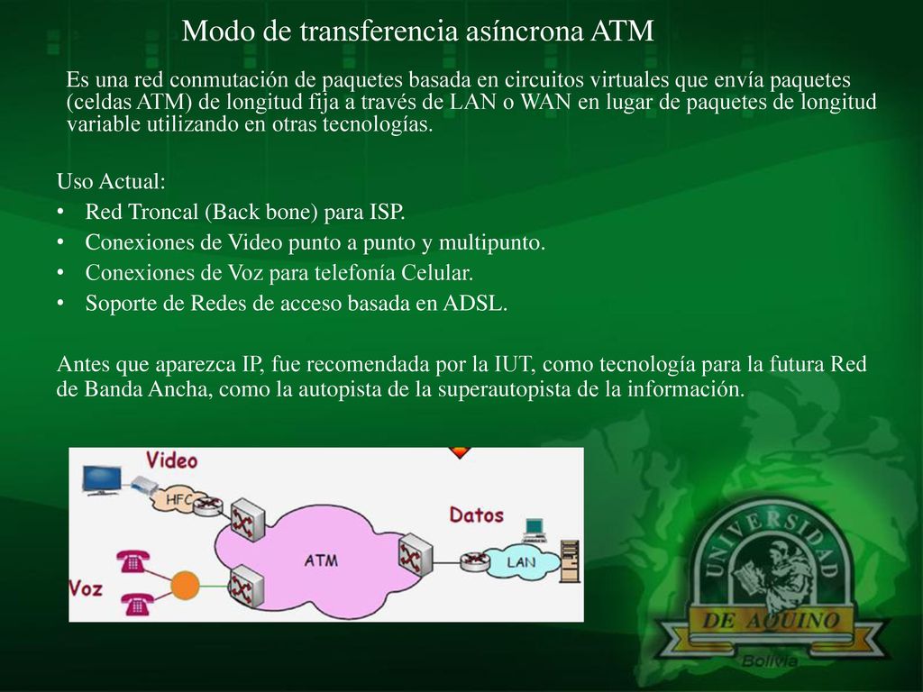 Modo de transferencia asíncrona ATM Es una red conmutación de paquetes basada en circuitos virtuales que envía paquetes (celdas ATM) de longitud fija a través de LAN o WAN en lugar de paquetes de longitud variable utilizando en otras tecnologías.