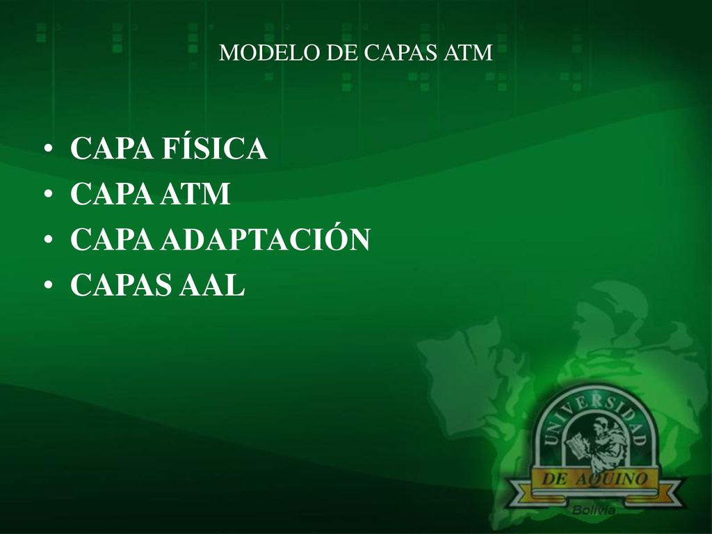 MODELO DE CAPAS ATM CAPA FÍSICA CAPA ATM CAPA ADAPTACIÓN CAPAS AAL