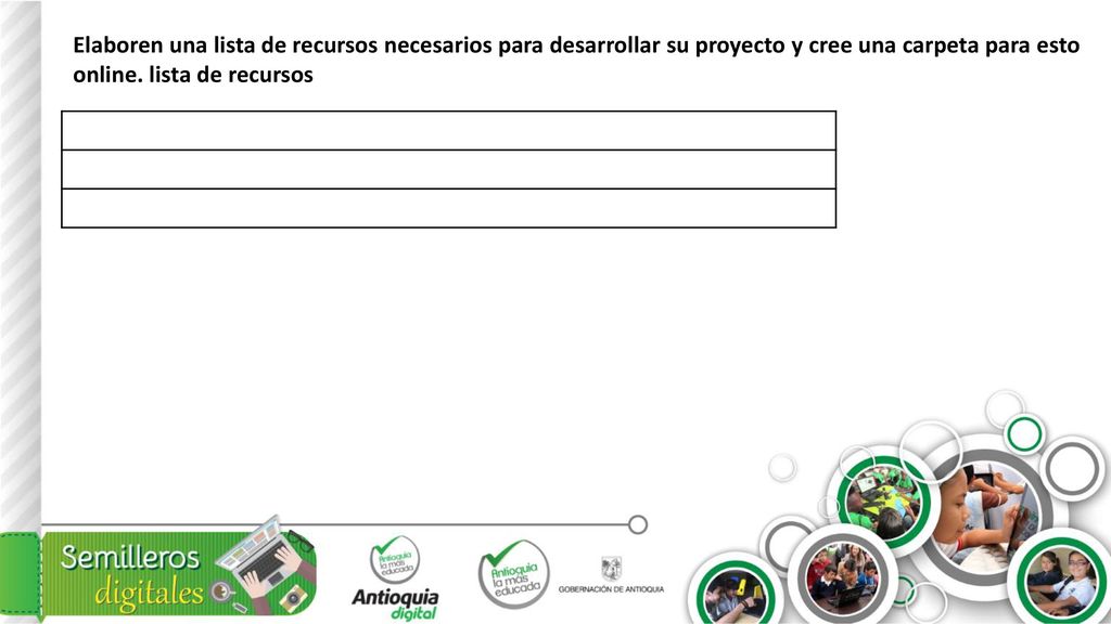 Elaboren una lista de recursos necesarios para desarrollar su proyecto y cree una carpeta para esto online.