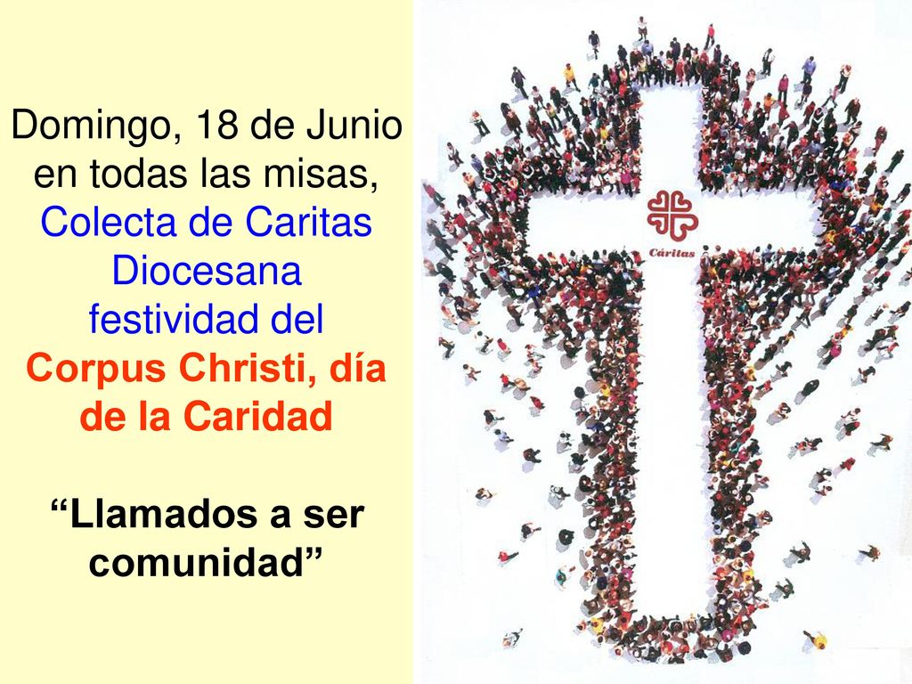 Domingo, 18 de Junio en todas las misas, Colecta de Caritas Diocesana festividad del Corpus Christi, día de la Caridad Llamados a ser comunidad
