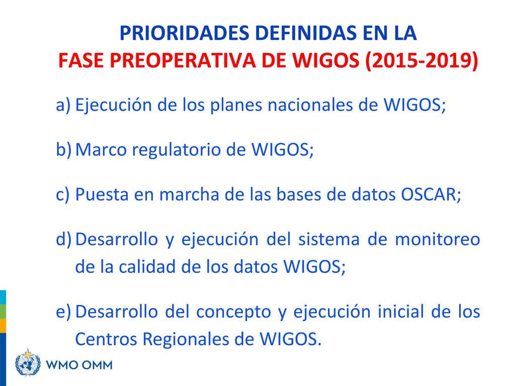 PRIORIDADES DEFINIDAS EN LA FASE PREOPERATIVA DE WIGOS ( )