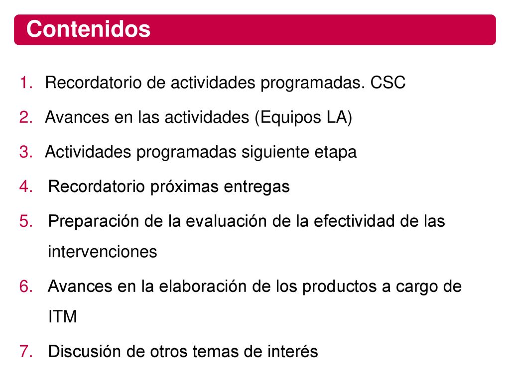 Contenidos Recordatorio de actividades programadas. CSC