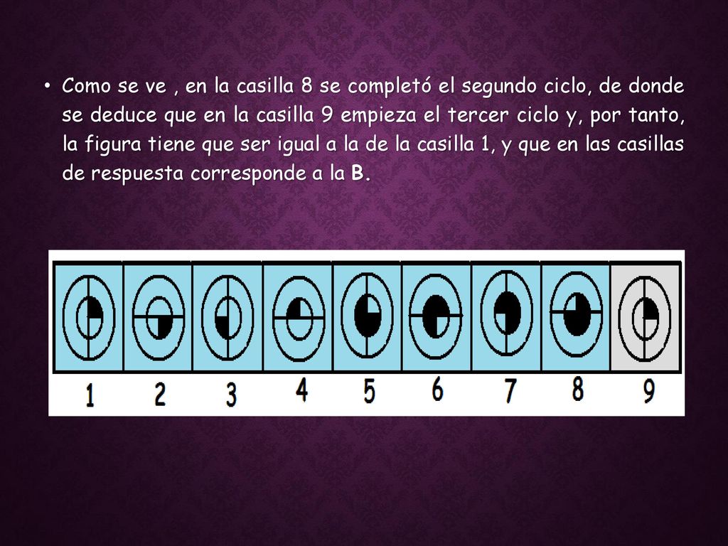 Como se ve , en la casilla 8 se completó el segundo ciclo, de donde se deduce que en la casilla 9 empieza el tercer ciclo y, por tanto, la figura tiene que ser igual a la de la casilla 1, y que en las casillas de respuesta corresponde a la B.