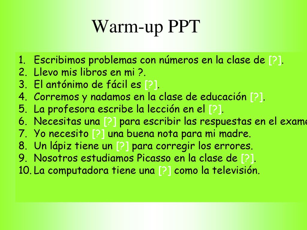 Warm-up PPT Escribimos problemas con números en la clase de [ ].
