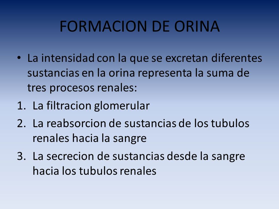 FORMACION DE ORINA La intensidad con la que se excretan diferentes sustancias en la orina representa la suma de tres procesos renales: