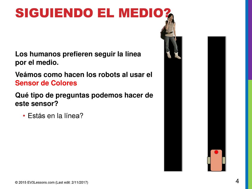 SIGUIENDO EL MEDIO Los humanos prefieren seguir la línea por el medio. Veámos como hacen los robots al usar el Sensor de Colores.