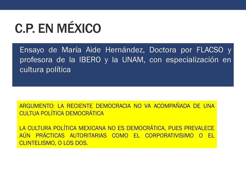 C.P. EN MÉXICO Ensayo de María Aide Hernández, Doctora por FLACSO y profesora de la IBERO y la UNAM, con especialización en cultura política.