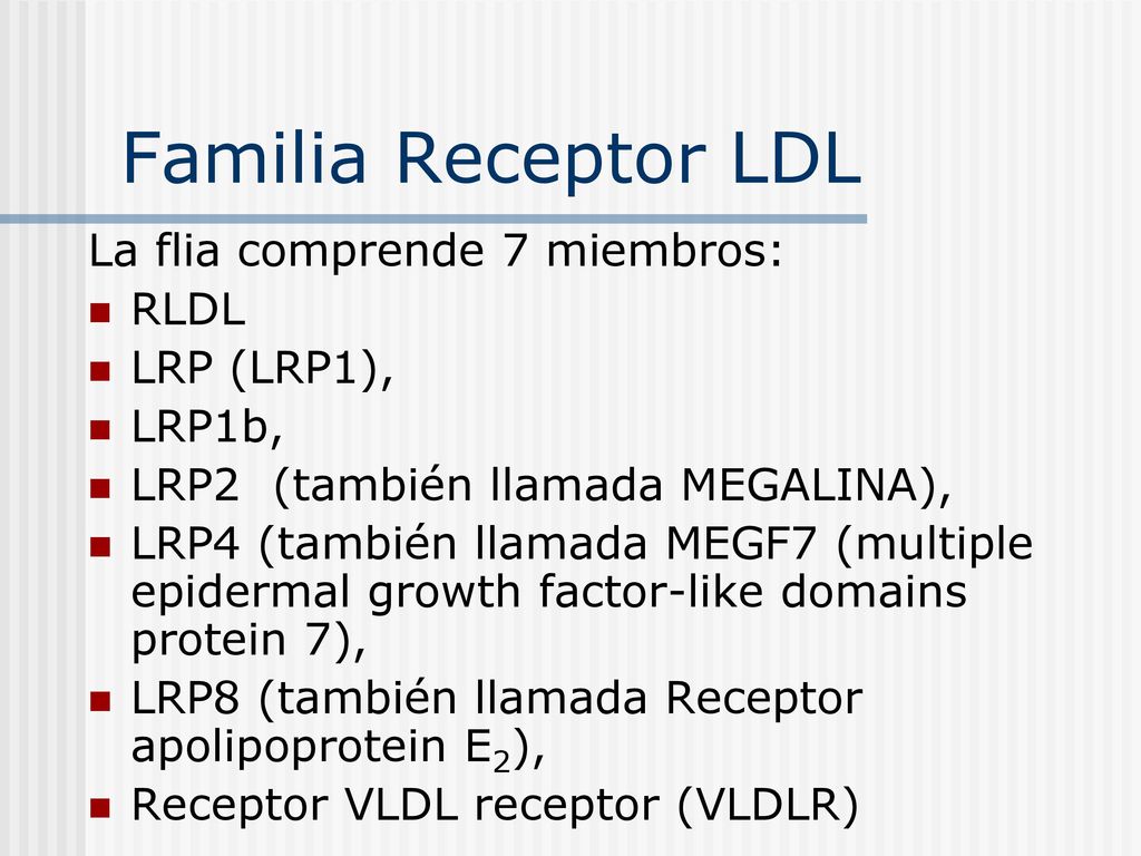 Familia Receptor LDL La flia comprende 7 miembros: RLDL LRP (LRP1),