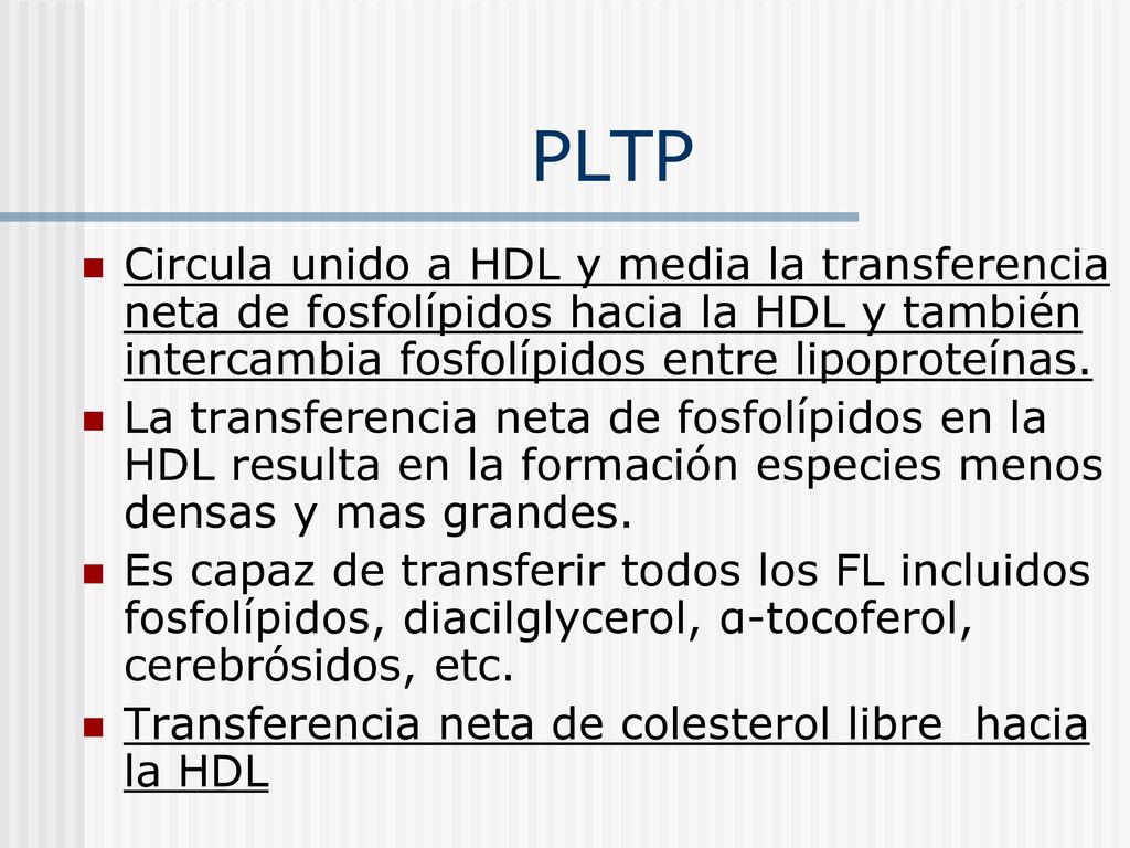 PLTP Circula unido a HDL y media la transferencia neta de fosfolípidos hacia la HDL y también intercambia fosfolípidos entre lipoproteínas.