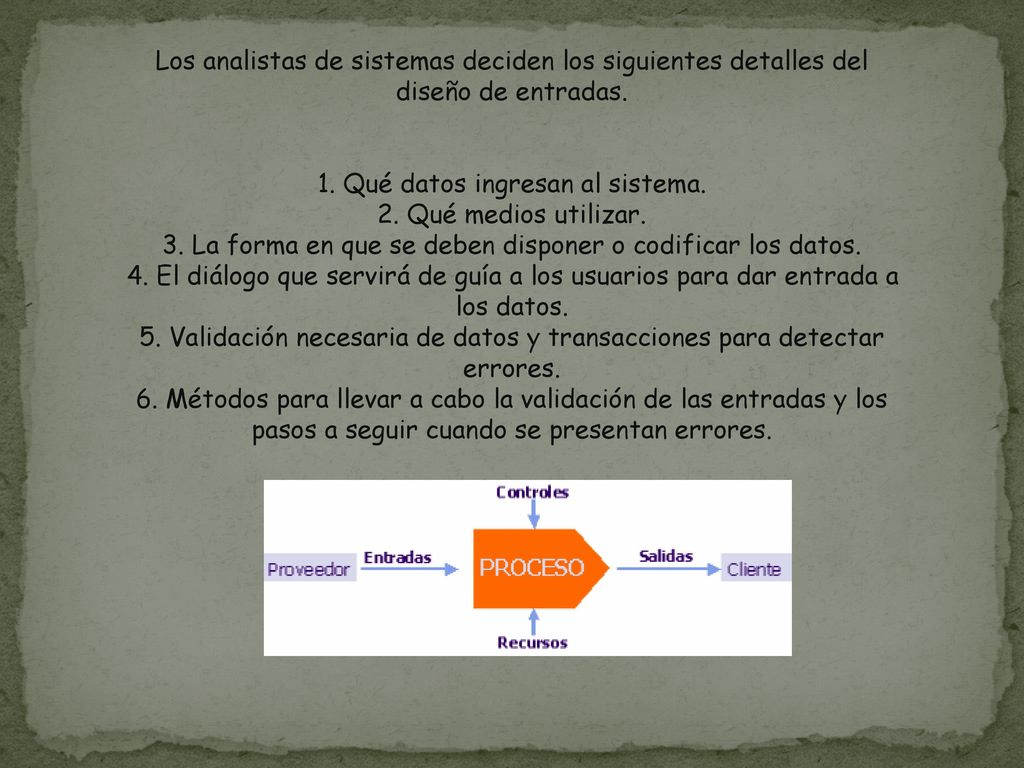 Los analistas de sistemas deciden los siguientes detalles del diseño de entradas.