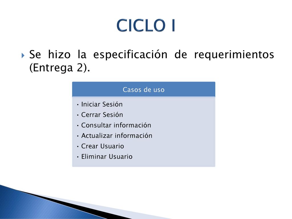 CICLO I Se hizo la especificación de requerimientos (Entrega 2).