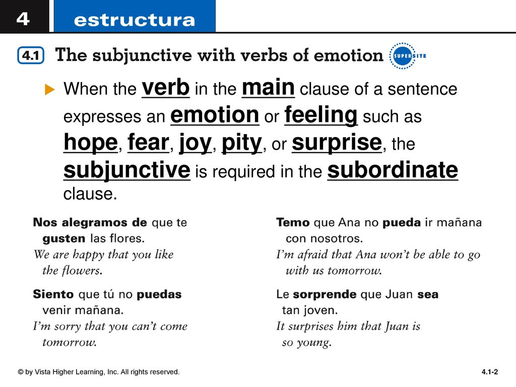 When the verb in the main clause of a sentence expresses an emotion or feeling such as hope, fear, joy, pity, or surprise, the subjunctive is required in the subordinate clause.