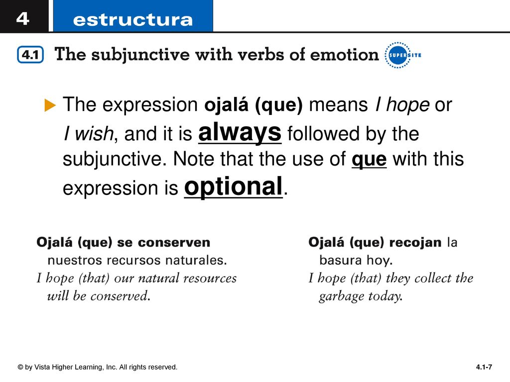 The expression ojalá (que) means I hope or I wish, and it is always followed by the subjunctive. Note that the use of que with this expression is optional.