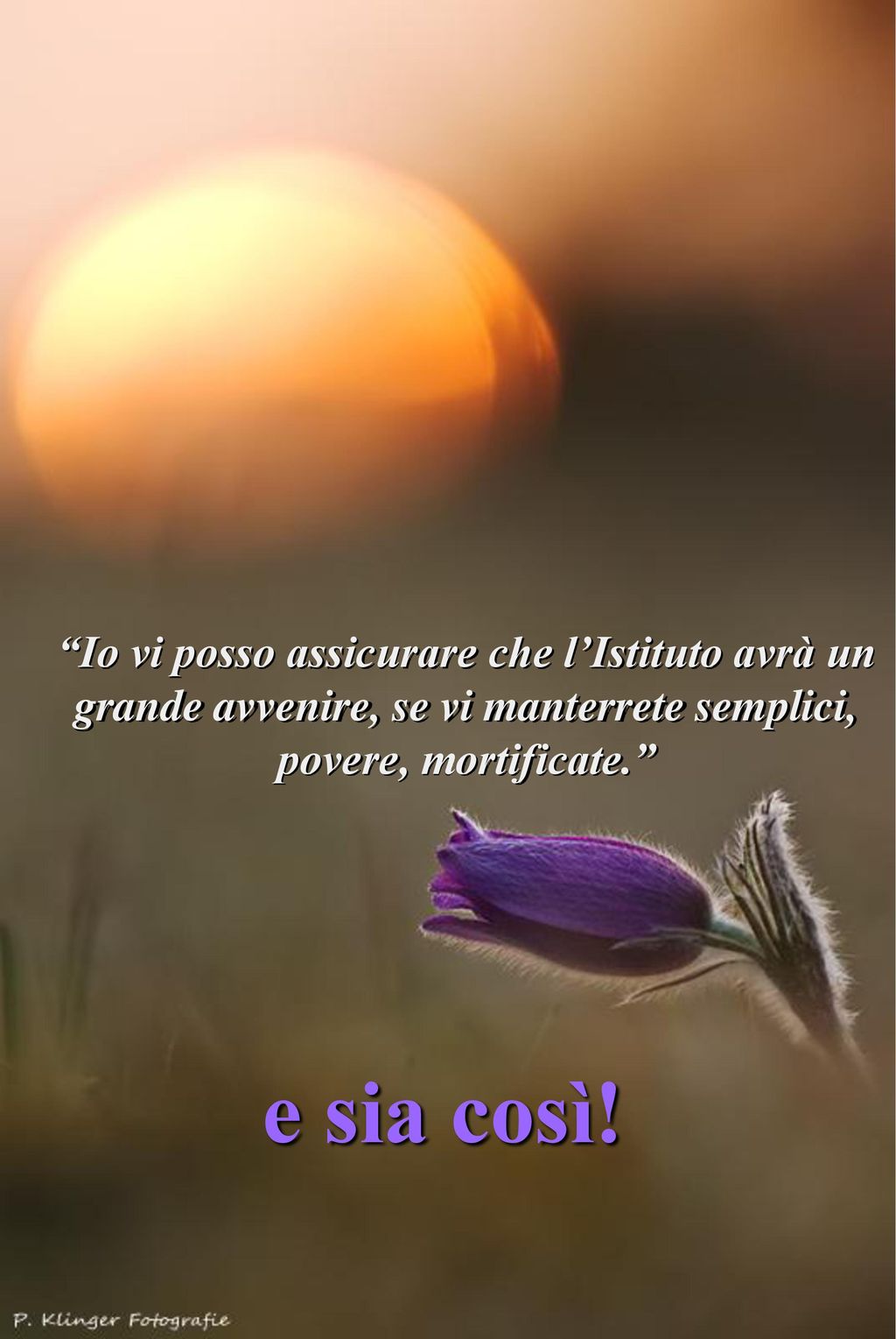 Io vi posso assicurare che l’Istituto avrà un grande avvenire, se vi manterrete semplici, povere, mortificate.