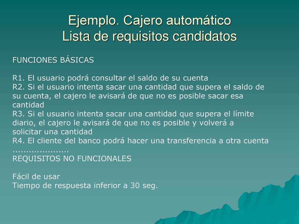 Ejemplo. Cajero automático Lista de requisitos candidatos