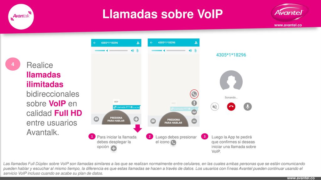 Llamadas sobre VoIP. 4. Realice llamadas ilimitadas bidireccionales sobre VoIP en calidad Full HD entre usuarios Avantalk.