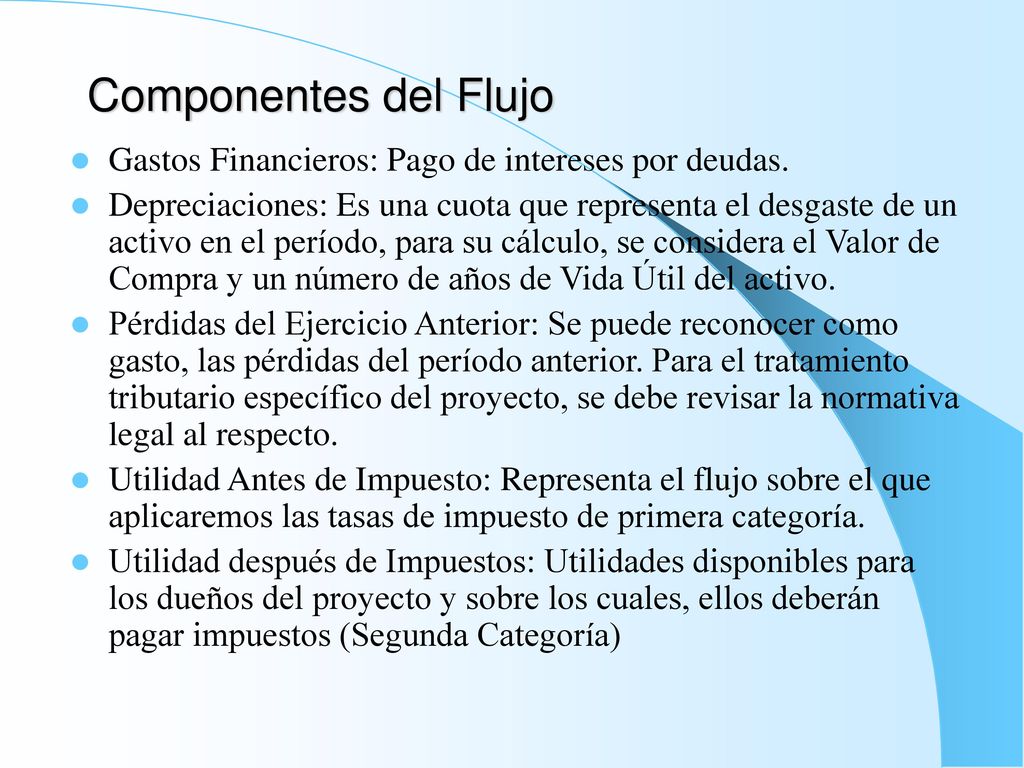 Componentes del Flujo Gastos Financieros: Pago de intereses por deudas.