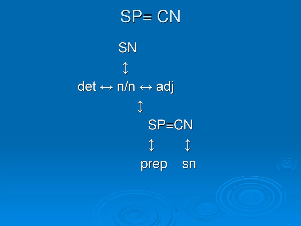 SP= CN SN ↕ det ↔ n/n ↔ adj SP=CN ↕ ↕ prep sn