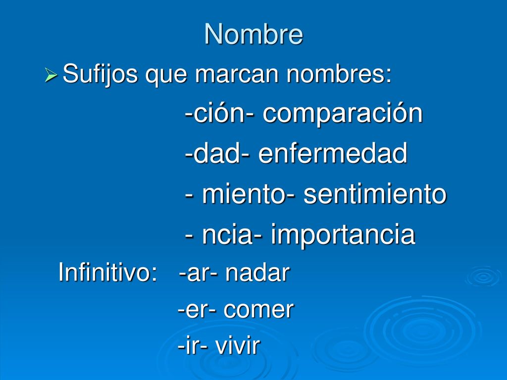 Nombre -dad- enfermedad - miento- sentimiento - ncia- importancia