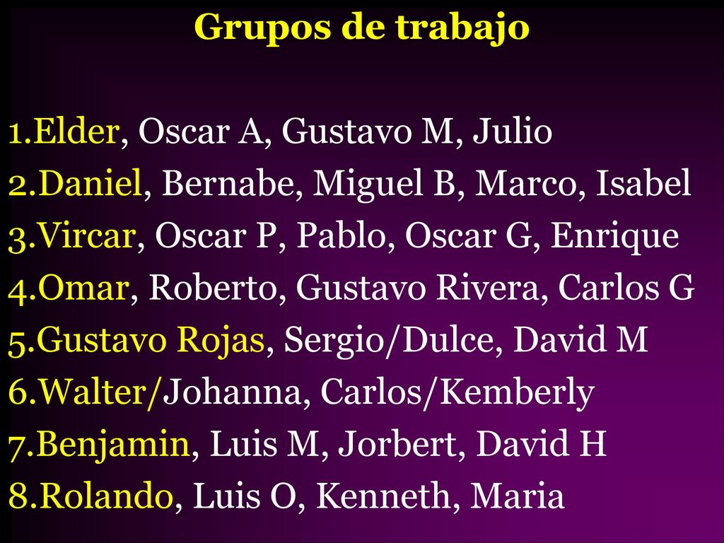 Grupos de trabajo Elder, Oscar A, Gustavo M, Julio. Daniel, Bernabe, Miguel B, Marco, Isabel. Vircar, Oscar P, Pablo, Oscar G, Enrique.