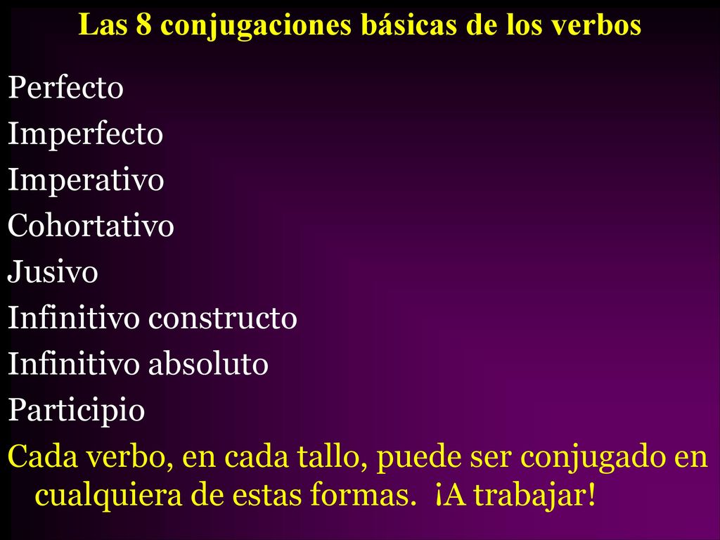 Las 8 conjugaciones básicas de los verbos Perfecto Imperfecto Imperativo Cohortativo Jusivo Infinitivo constructo Infinitivo absoluto Participio Cada verbo, en cada tallo, puede ser conjugado en cualquiera de estas formas.