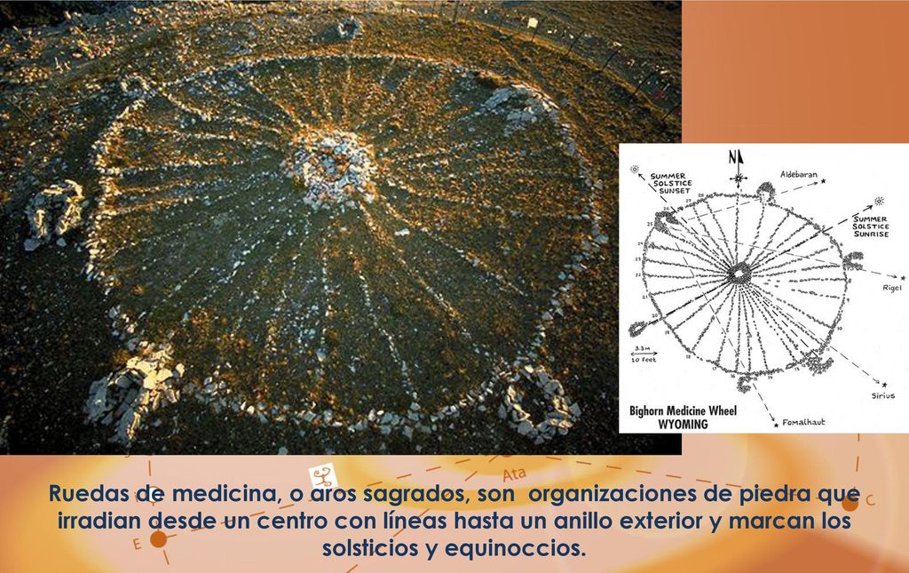 Ruedas de medicina, o aros sagrados, son organizaciones de piedra que irradian desde un centro con líneas hasta un anillo exterior y marcan los solsticios y equinoccios.