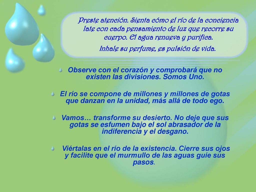Preste atención. Sienta cómo el río de la conciencia late con cada pensamiento de luz que recorre su cuerpo. El agua renueva y purifica. Inhale su perfume, es pulsión de vida.
