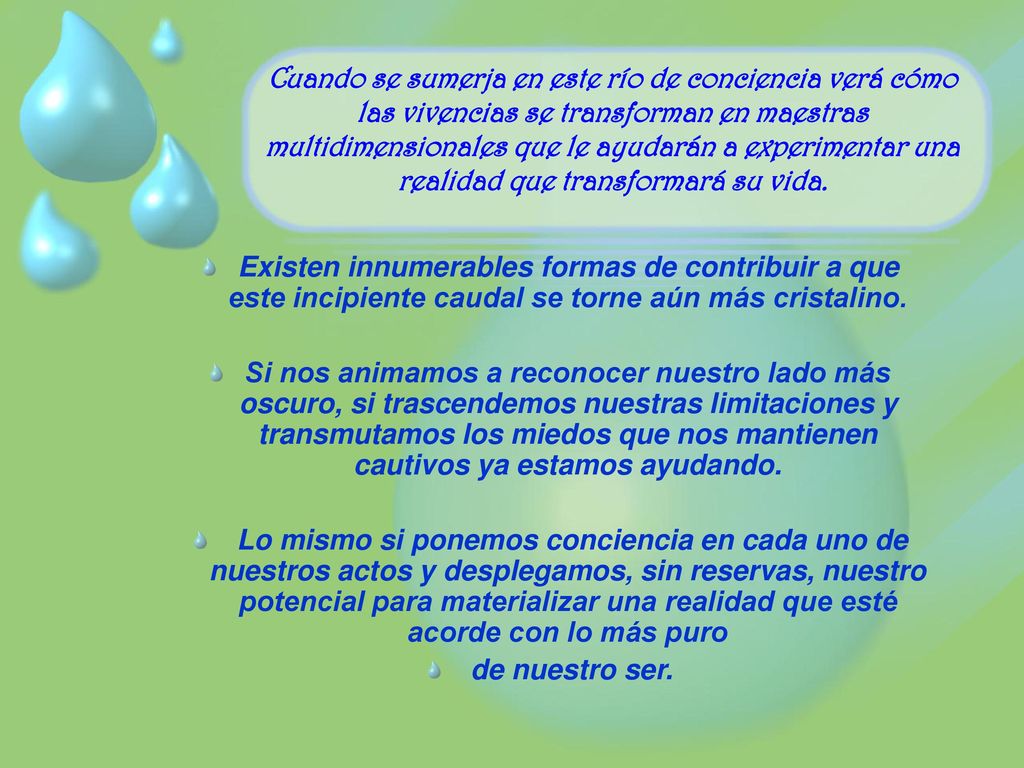 Cuando se sumerja en este río de conciencia verá cómo las vivencias se transforman en maestras multidimensionales que le ayudarán a experimentar una realidad que transformará su vida.