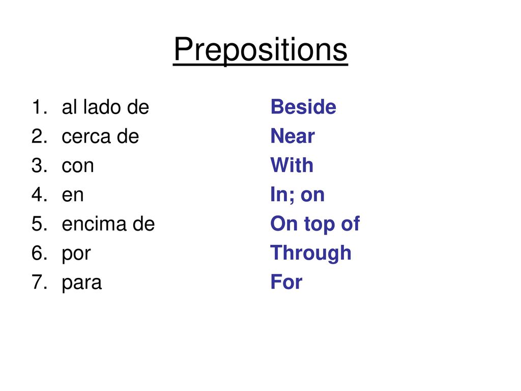 Prepositions al lado de cerca de con en encima de por para Beside Near
