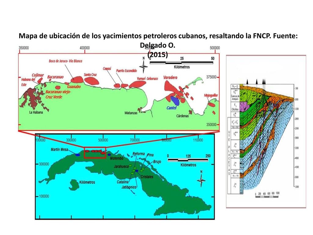 Mapa de ubicación de los yacimientos petroleros cubanos, resaltando la FNCP. Fuente: Delgado O.