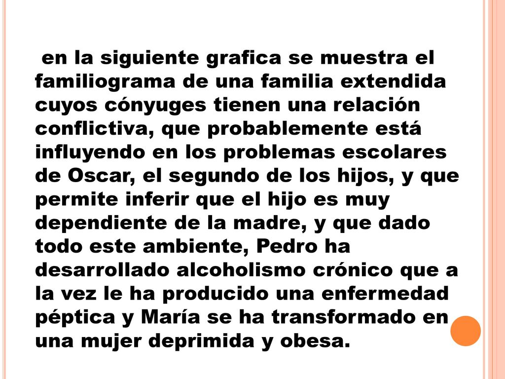 en la siguiente grafica se muestra el familiograma de una familia extendida cuyos cónyuges tienen una relación conflictiva, que probablemente está influyendo en los problemas escolares de Oscar, el segundo de los hijos, y que permite inferir que el hijo es muy dependiente de la madre, y que dado todo este ambiente, Pedro ha desarrollado alcoholismo crónico que a la vez le ha producido una enfermedad péptica y María se ha transformado en una mujer deprimida y obesa.