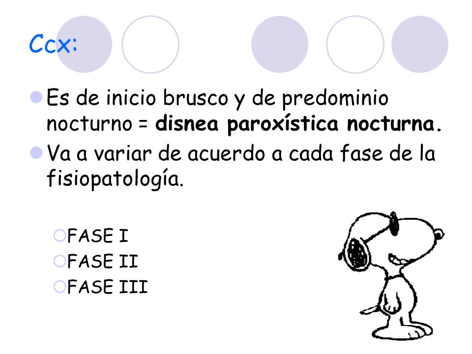 Ccx: Es de inicio brusco y de predominio nocturno = disnea paroxística nocturna. Va a variar de acuerdo a cada fase de la fisiopatología.