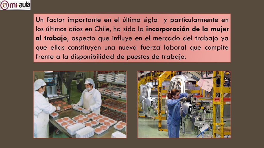 Un factor importante en el último siglo y particularmente en los últimos años en Chile, ha sido la incorporación de la mujer al trabajo, aspecto que influye en el mercado del trabajo ya que ellas constituyen una nueva fuerza laboral que compite frente a la disponibilidad de puestos de trabajo.