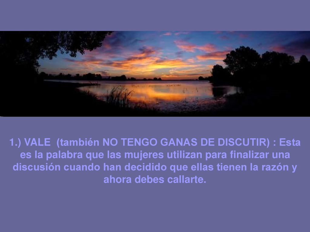 1.) VALE (también NO TENGO GANAS DE DISCUTIR) : Esta es la palabra que las mujeres utilizan para finalizar una discusión cuando han decidido que ellas tienen la razón y ahora debes callarte.