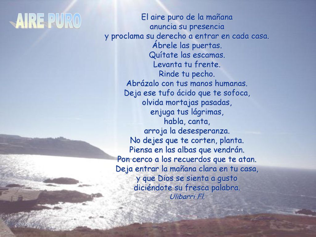 El aire puro de la mañana anuncia su presencia y proclama su derecho a entrar en cada casa. Ábrele las puertas. Quítate las escamas. Levanta tu frente. Rinde tu pecho. Abrázalo con tus manos humanas. Deja ese tufo ácido que te sofoca, olvida mortajas pasadas, enjuga tus lágrimas, habla, canta, arroja la desesperanza. No dejes que te corten, planta. Piensa en las albas que vendrán. Pon cerco a los recuerdos que te atan. Deja entrar la mañana clara en tu casa, y que Dios se sienta a gusto diciéndote su fresca palabra. Ulibarri Fl.