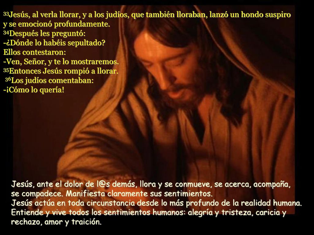 33Jesús, al verla llorar, y a los judíos, que también lloraban, lanzó un hondo suspiro y se emocionó profundamente. 34Después les preguntó: -¿Dónde lo habéis sepultado Ellos contestaron: -Ven, Señor, y te lo mostraremos. 35Entonces Jesús rompió a llorar. 36Los judíos comentaban: -¡Cómo lo quería!