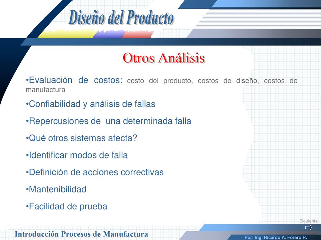 Diseño del Producto Otros Análisis. Evaluación de costos: costo del producto, costos de diseño, costos de manufactura.