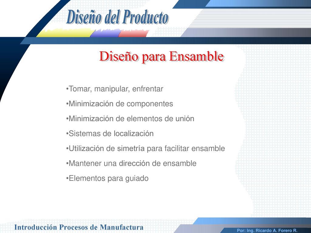 Diseño para Ensamble Diseño del Producto Tomar, manipular, enfrentar