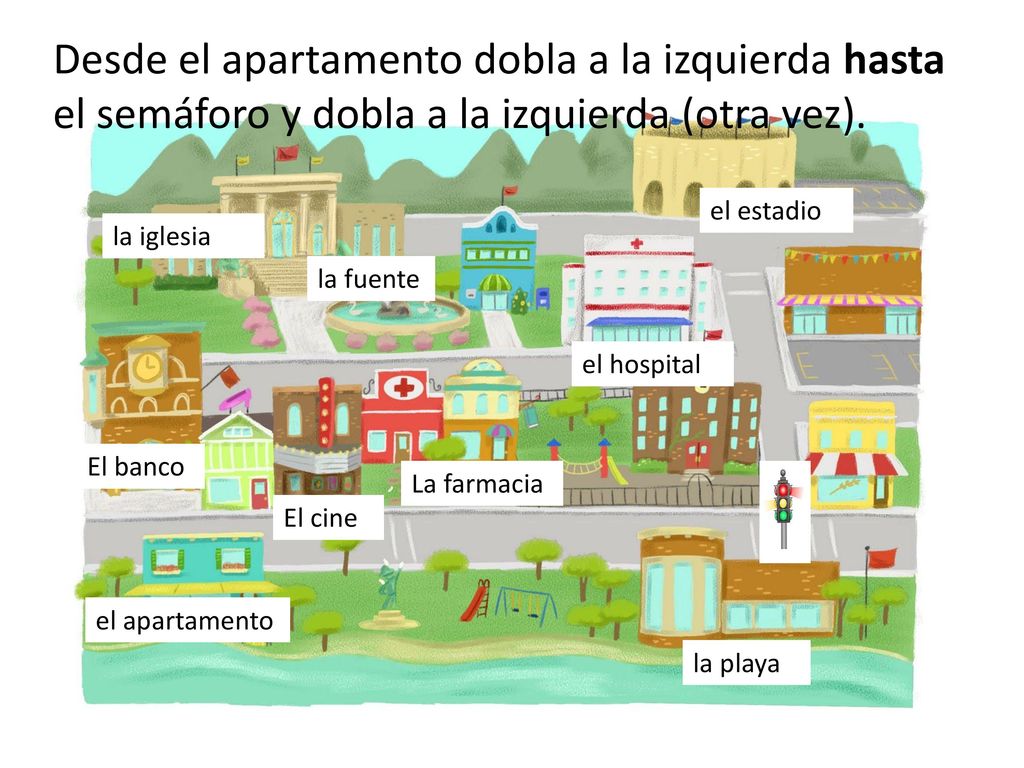 Desde el apartamento dobla a la izquierda hasta el semáforo y dobla a la izquierda (otra vez).