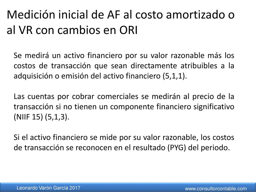 Medición inicial de AF al costo amortizado o al VR con cambios en ORI