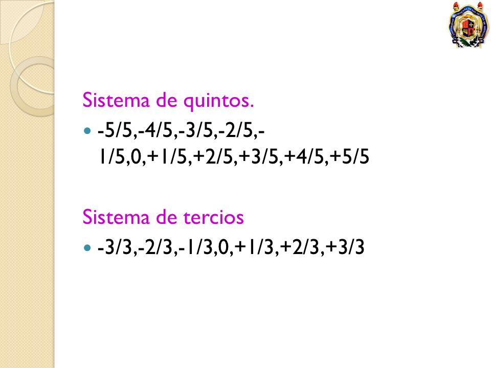 Sistema de quintos. -5/5,-4/5,-3/5,-2/5,- 1/5,0,+1/5,+2/5,+3/5,+4/5,+5/5.