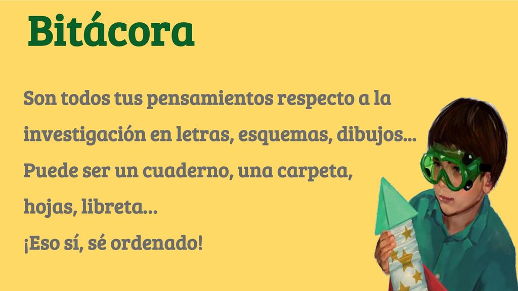 Bitácora Son todos tus pensamientos respecto a la investigación en letras, esquemas, dibujos... Puede ser un cuaderno, una carpeta,