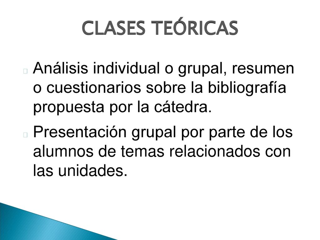 CLASES TEÓRICAS Análisis individual o grupal, resumen o cuestionarios sobre la bibliografía propuesta por la cátedra.
