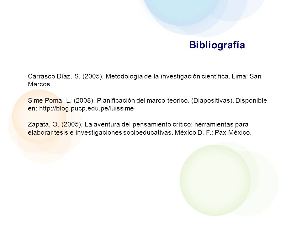 Bibliografía Carrasco Díaz, S. (2005). Metodología de la investigación científica. Lima: San Marcos.