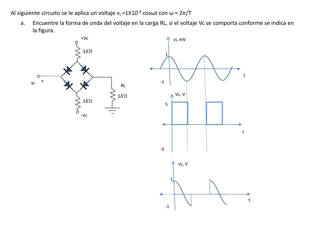 Al siguiente circuito se le aplica un voltaje vi =1X10-3 cosωt con ω = 2π/T
